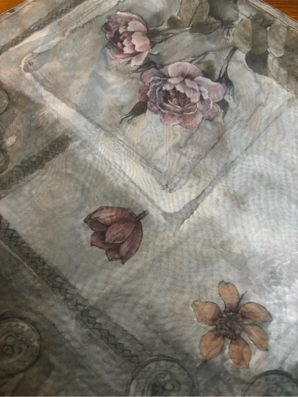 Light weight,sheer, grey botanical delicate flowers & leaves print silk scarf
